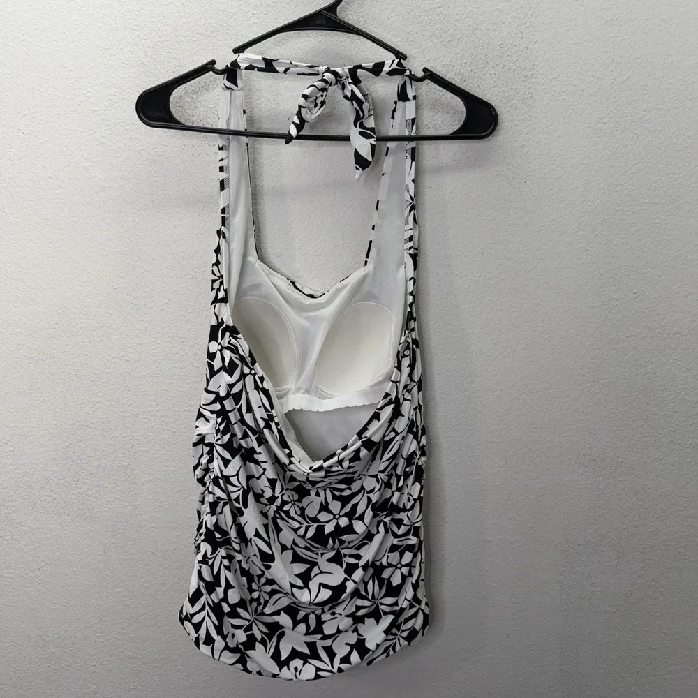 Lands' End Tankini Swimsuit Top Black White Floral Halter Size 8P Full Coverage